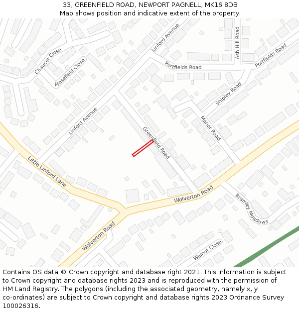 33, GREENFIELD ROAD, NEWPORT PAGNELL, MK16 8DB: Location map and indicative extent of plot