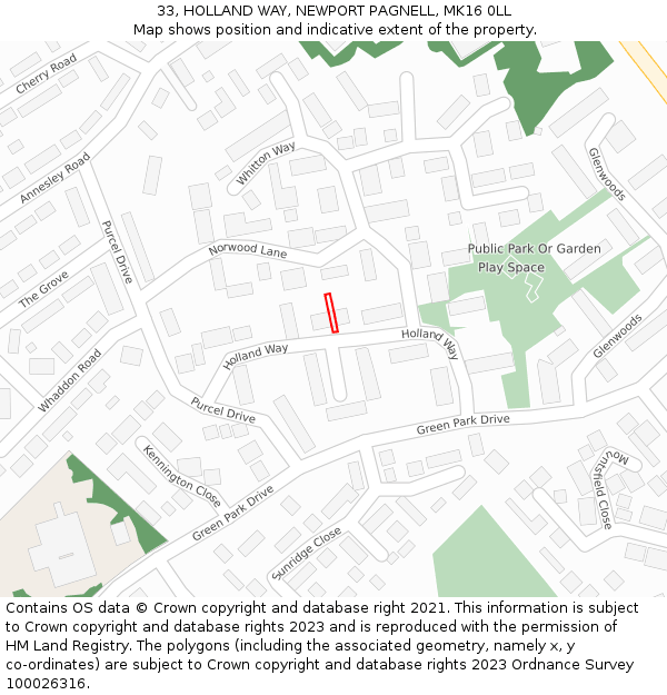 33, HOLLAND WAY, NEWPORT PAGNELL, MK16 0LL: Location map and indicative extent of plot