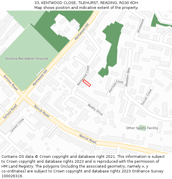 33, KENTWOOD CLOSE, TILEHURST, READING, RG30 6DH: Location map and indicative extent of plot