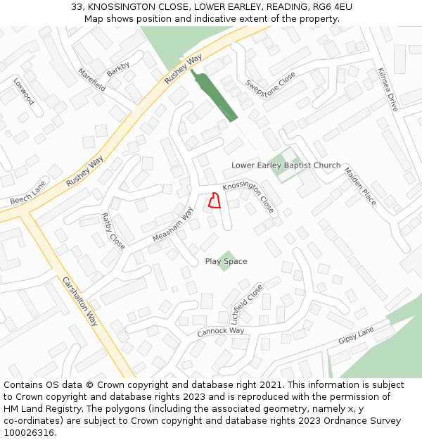 33, KNOSSINGTON CLOSE, LOWER EARLEY, READING, RG6 4EU: Location map and indicative extent of plot