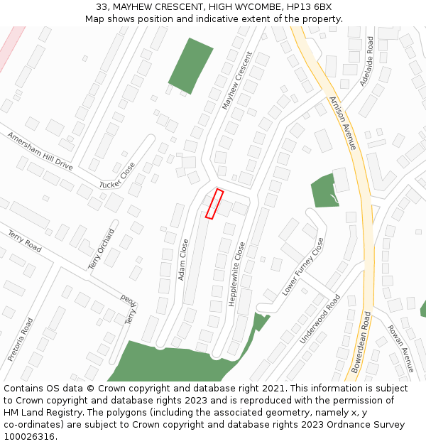 33, MAYHEW CRESCENT, HIGH WYCOMBE, HP13 6BX: Location map and indicative extent of plot