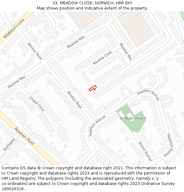 33, MEADOW CLOSE, NORWICH, NR6 6XY: Location map and indicative extent of plot