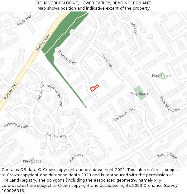 33, MOORHEN DRIVE, LOWER EARLEY, READING, RG6 4NZ: Location map and indicative extent of plot
