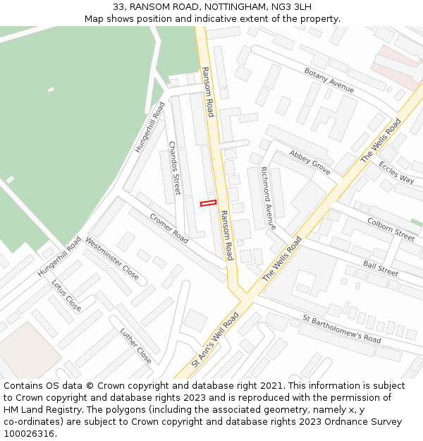 33, RANSOM ROAD, NOTTINGHAM, NG3 3LH: Location map and indicative extent of plot