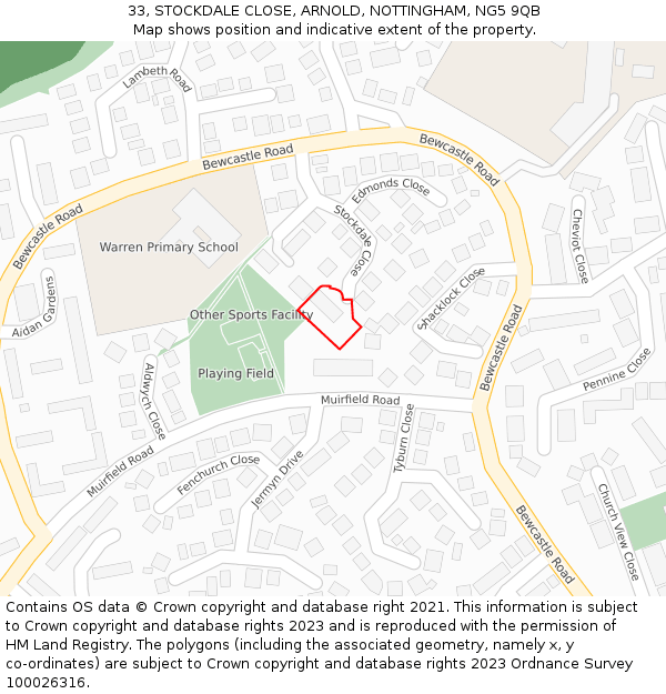 33, STOCKDALE CLOSE, ARNOLD, NOTTINGHAM, NG5 9QB: Location map and indicative extent of plot