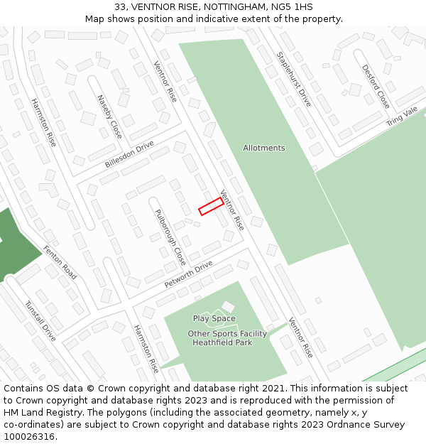 33, VENTNOR RISE, NOTTINGHAM, NG5 1HS: Location map and indicative extent of plot