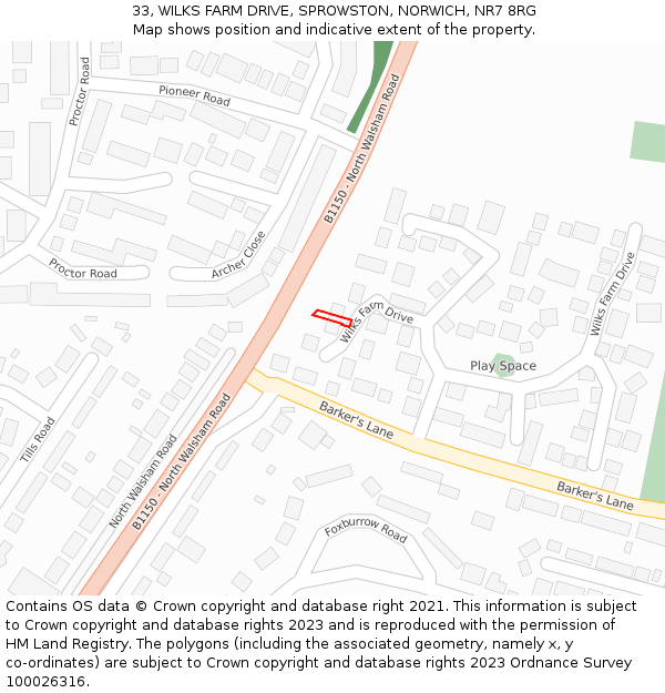 33, WILKS FARM DRIVE, SPROWSTON, NORWICH, NR7 8RG: Location map and indicative extent of plot