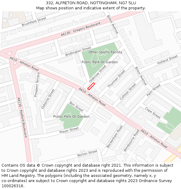 332, ALFRETON ROAD, NOTTINGHAM, NG7 5LU: Location map and indicative extent of plot