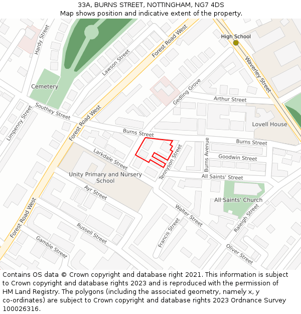 33A, BURNS STREET, NOTTINGHAM, NG7 4DS: Location map and indicative extent of plot