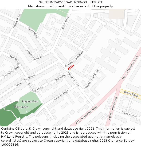 34, BRUNSWICK ROAD, NORWICH, NR2 2TF: Location map and indicative extent of plot