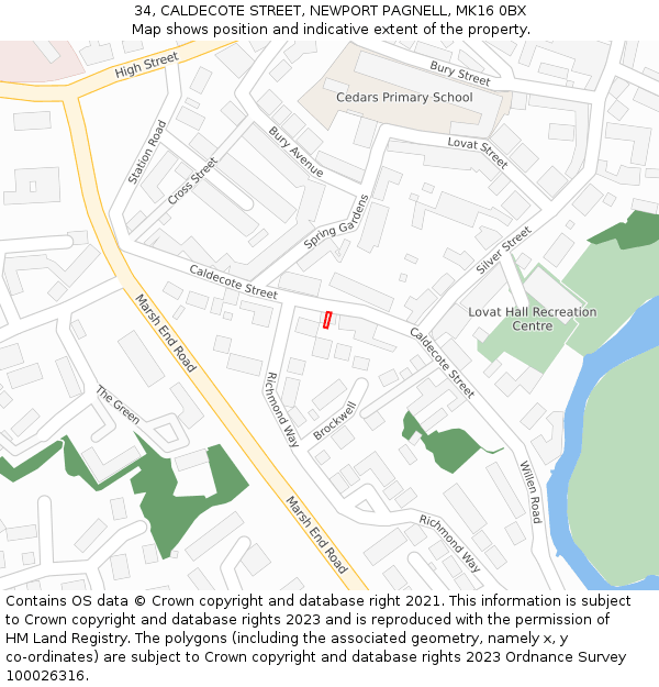 34, CALDECOTE STREET, NEWPORT PAGNELL, MK16 0BX: Location map and indicative extent of plot