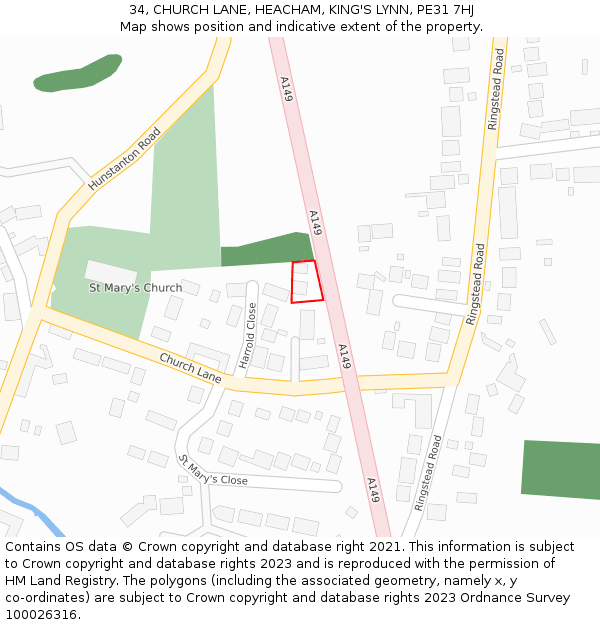 34, CHURCH LANE, HEACHAM, KING'S LYNN, PE31 7HJ: Location map and indicative extent of plot