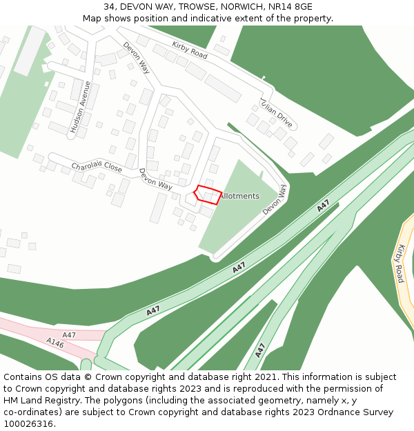 34, DEVON WAY, TROWSE, NORWICH, NR14 8GE: Location map and indicative extent of plot