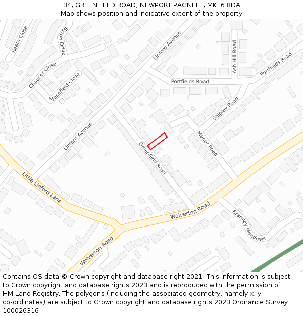 34, GREENFIELD ROAD, NEWPORT PAGNELL, MK16 8DA: Location map and indicative extent of plot