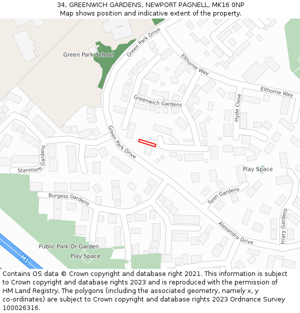 34, GREENWICH GARDENS, NEWPORT PAGNELL, MK16 0NP: Location map and indicative extent of plot