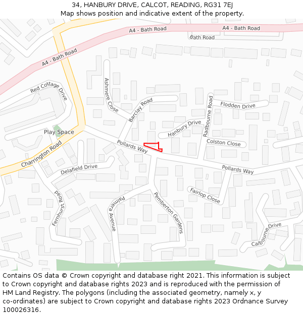 34, HANBURY DRIVE, CALCOT, READING, RG31 7EJ: Location map and indicative extent of plot
