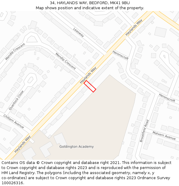 34, HAYLANDS WAY, BEDFORD, MK41 9BU: Location map and indicative extent of plot