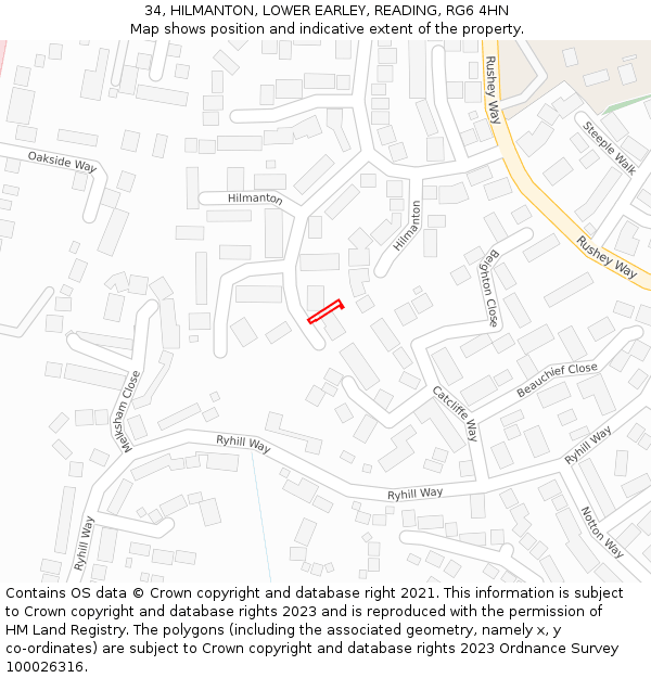 34, HILMANTON, LOWER EARLEY, READING, RG6 4HN: Location map and indicative extent of plot