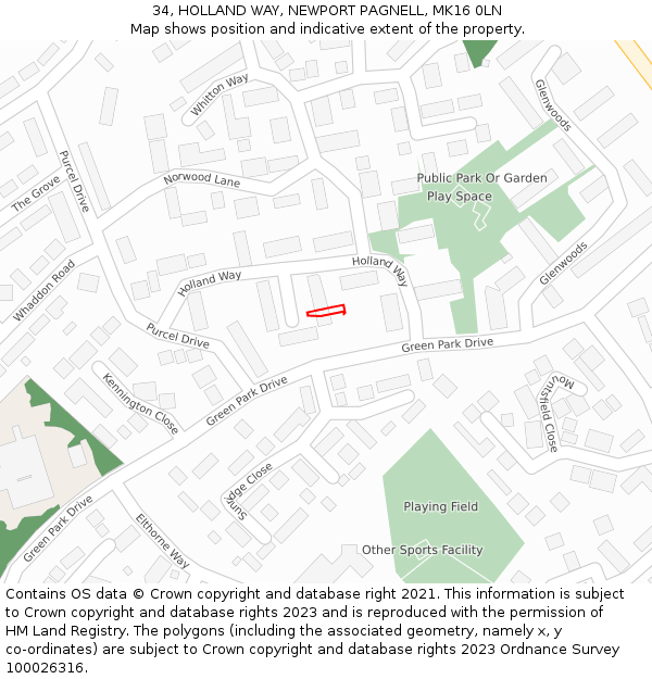 34, HOLLAND WAY, NEWPORT PAGNELL, MK16 0LN: Location map and indicative extent of plot