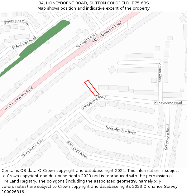 34, HONEYBORNE ROAD, SUTTON COLDFIELD, B75 6BS: Location map and indicative extent of plot
