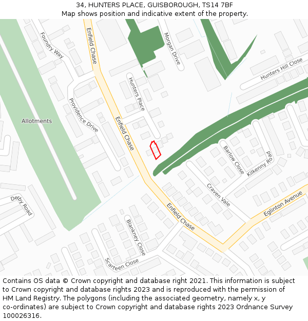 34, HUNTERS PLACE, GUISBOROUGH, TS14 7BF: Location map and indicative extent of plot
