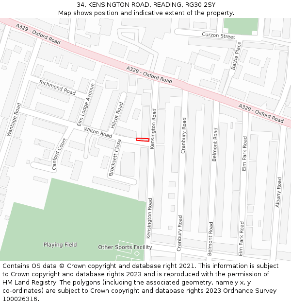34, KENSINGTON ROAD, READING, RG30 2SY: Location map and indicative extent of plot