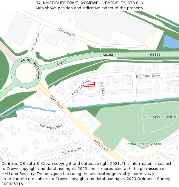 34, KINGFISHER DRIVE, WOMBWELL, BARNSLEY, S73 0UY: Location map and indicative extent of plot