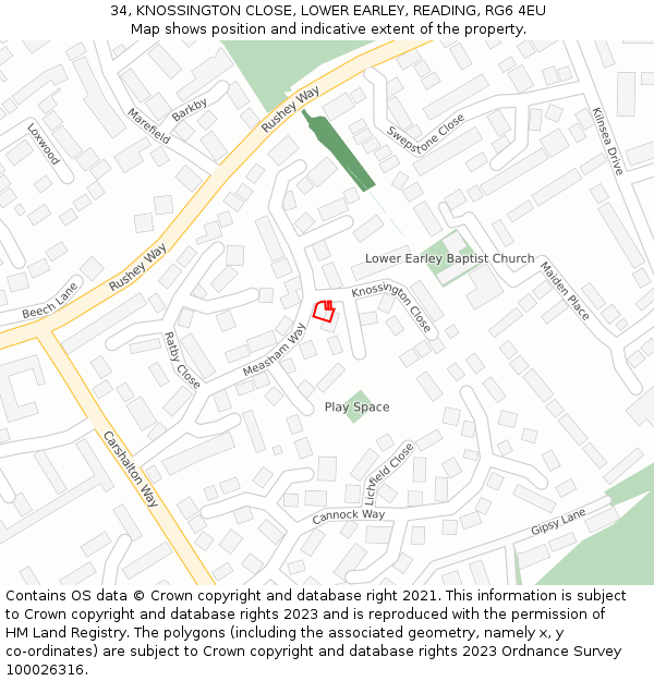34, KNOSSINGTON CLOSE, LOWER EARLEY, READING, RG6 4EU: Location map and indicative extent of plot