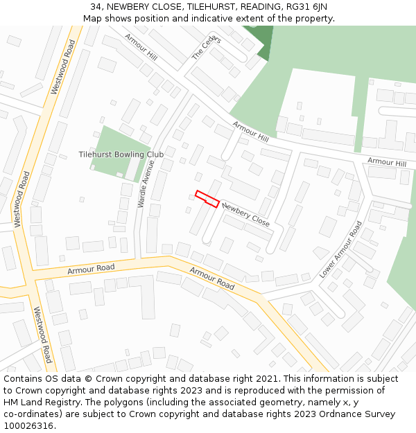34, NEWBERY CLOSE, TILEHURST, READING, RG31 6JN: Location map and indicative extent of plot