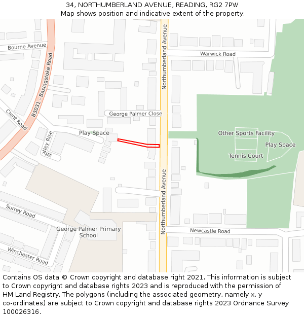 34, NORTHUMBERLAND AVENUE, READING, RG2 7PW: Location map and indicative extent of plot