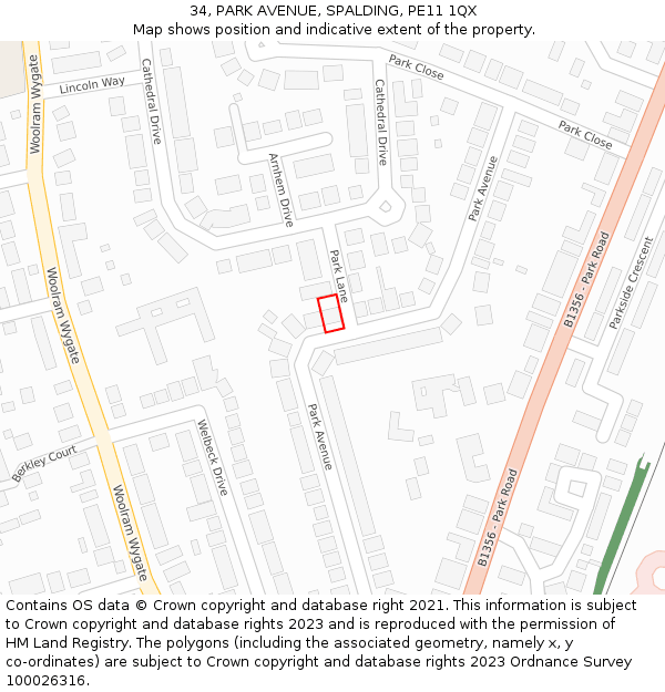34, PARK AVENUE, SPALDING, PE11 1QX: Location map and indicative extent of plot