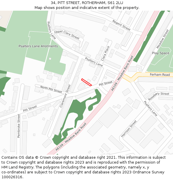 34, PITT STREET, ROTHERHAM, S61 2LU: Location map and indicative extent of plot