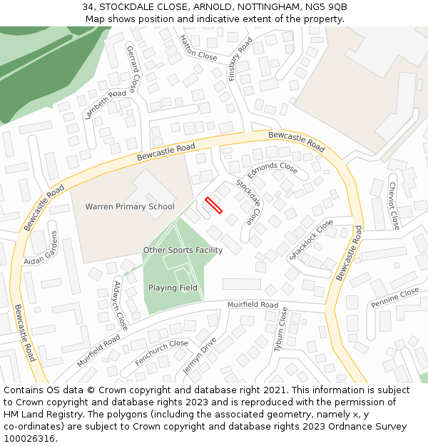34, STOCKDALE CLOSE, ARNOLD, NOTTINGHAM, NG5 9QB: Location map and indicative extent of plot