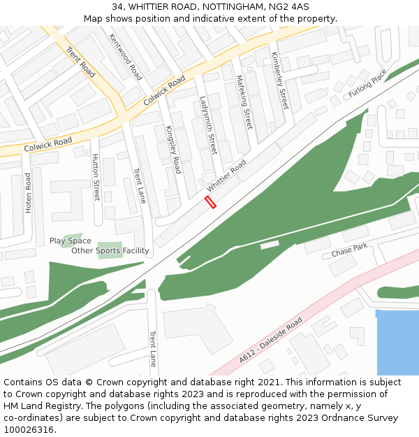 34, WHITTIER ROAD, NOTTINGHAM, NG2 4AS: Location map and indicative extent of plot