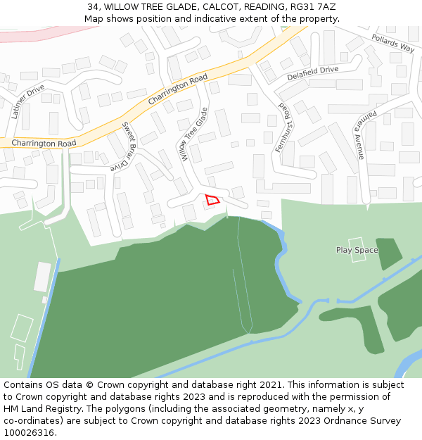 34, WILLOW TREE GLADE, CALCOT, READING, RG31 7AZ: Location map and indicative extent of plot
