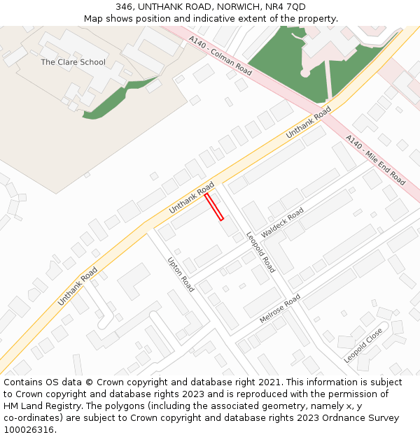 346, UNTHANK ROAD, NORWICH, NR4 7QD: Location map and indicative extent of plot