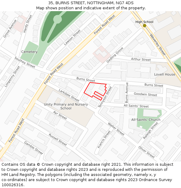 35, BURNS STREET, NOTTINGHAM, NG7 4DS: Location map and indicative extent of plot