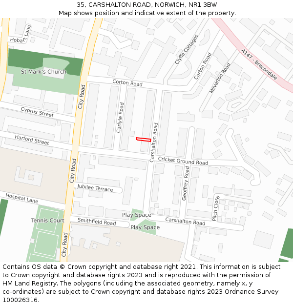 35, CARSHALTON ROAD, NORWICH, NR1 3BW: Location map and indicative extent of plot