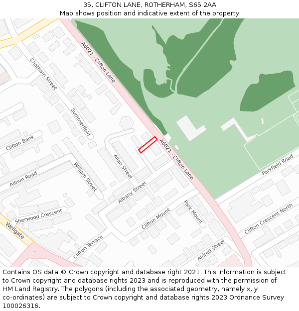 35, CLIFTON LANE, ROTHERHAM, S65 2AA: Location map and indicative extent of plot
