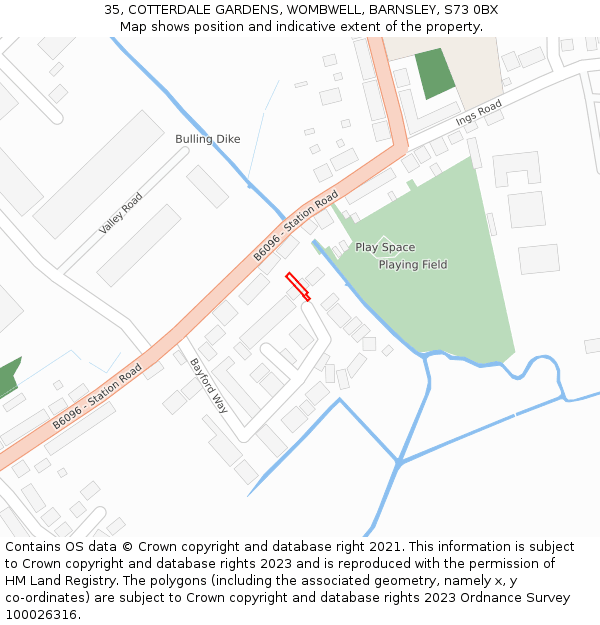 35, COTTERDALE GARDENS, WOMBWELL, BARNSLEY, S73 0BX: Location map and indicative extent of plot