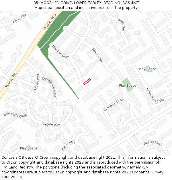 35, MOORHEN DRIVE, LOWER EARLEY, READING, RG6 4NZ: Location map and indicative extent of plot