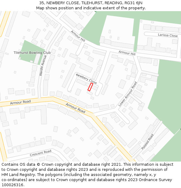 35, NEWBERY CLOSE, TILEHURST, READING, RG31 6JN: Location map and indicative extent of plot