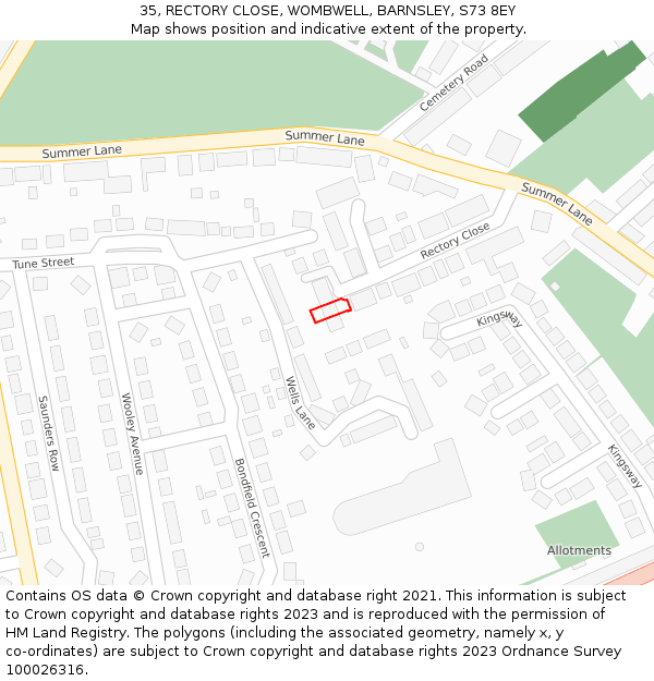 35, RECTORY CLOSE, WOMBWELL, BARNSLEY, S73 8EY: Location map and indicative extent of plot