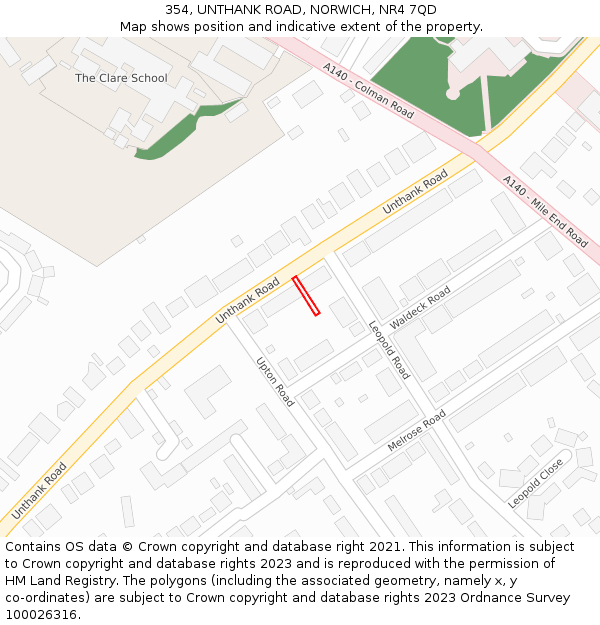 354, UNTHANK ROAD, NORWICH, NR4 7QD: Location map and indicative extent of plot