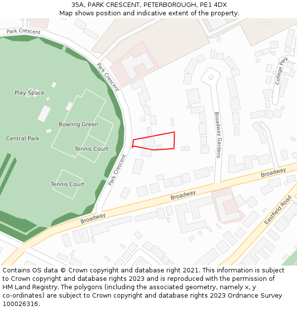 35A, PARK CRESCENT, PETERBOROUGH, PE1 4DX: Location map and indicative extent of plot