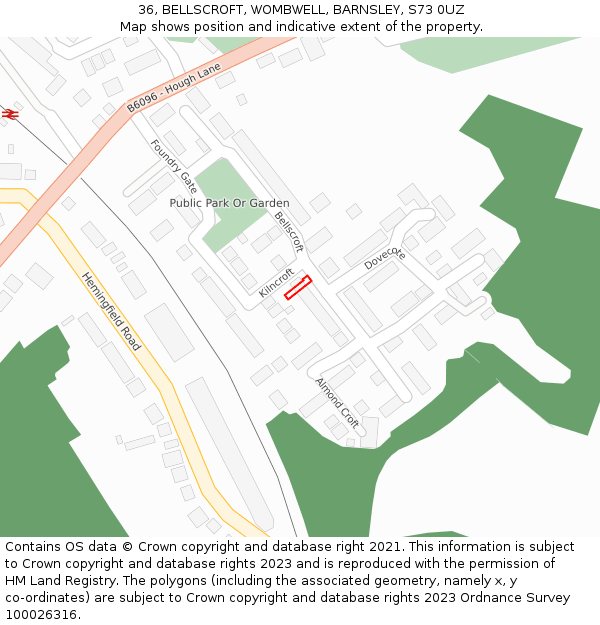 36, BELLSCROFT, WOMBWELL, BARNSLEY, S73 0UZ: Location map and indicative extent of plot