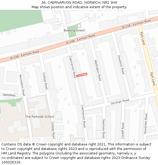 36, CAERNARVON ROAD, NORWICH, NR2 3HX: Location map and indicative extent of plot