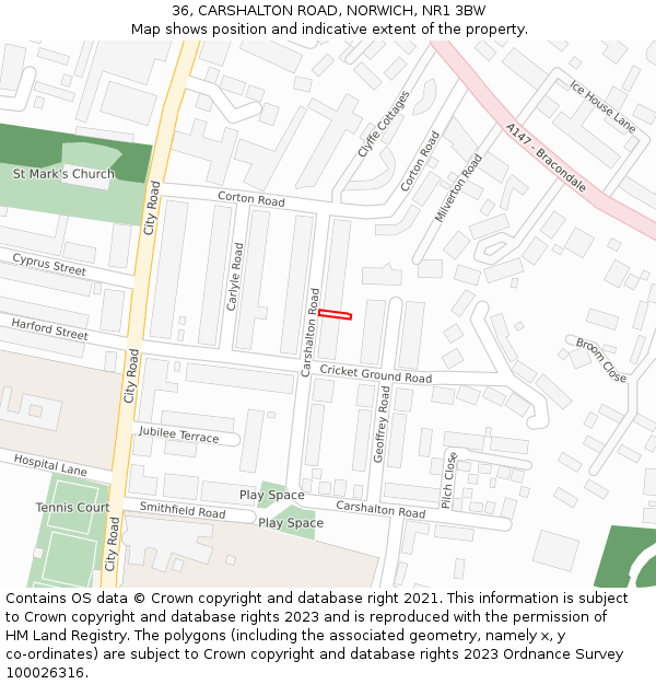 36, CARSHALTON ROAD, NORWICH, NR1 3BW: Location map and indicative extent of plot