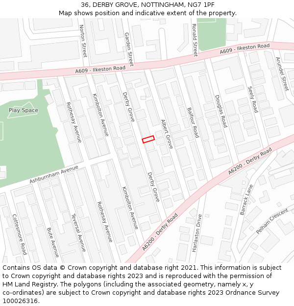 36, DERBY GROVE, NOTTINGHAM, NG7 1PF: Location map and indicative extent of plot