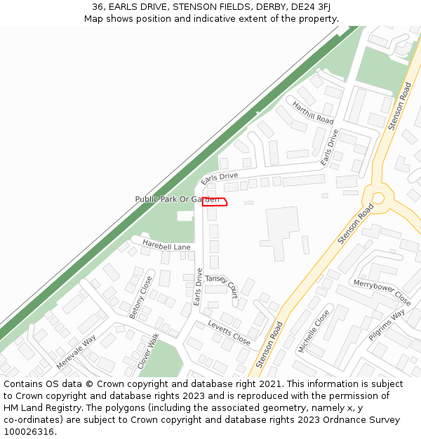 36, EARLS DRIVE, STENSON FIELDS, DERBY, DE24 3FJ: Location map and indicative extent of plot